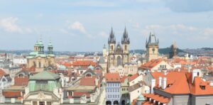 Rathaus und Kirchen, Blick vom Klementinum Prag, Tschechien