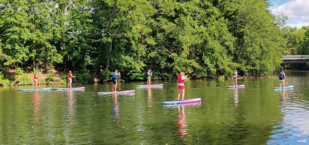 Stand-up-Paddler auf der Enz bei Bietigheim, Deutschland